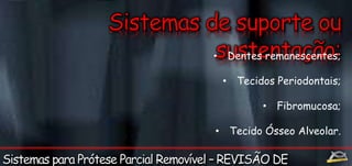 • Dentes remanescentes; 
• Tecidos Periodontais; 
• Fibromucosa; 
• Tecido Ósseo Alveolar. 
 