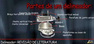 Braço horizontal móvel; Haste vertical móvel 
Plataforma ou base do 
aparelho 
Haste vertical fixa 
Mandril 
Base 
Suporte do modelo 
Junta Universal 
Parafuso da junta universal 
 
