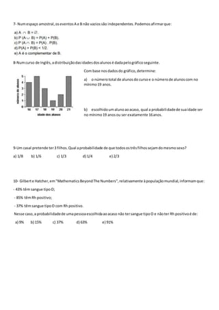 7- Numespaço amostral,oseventosA e B não vaziossão independentes.Podemosafirmarque:
8-Numcurso de Inglês,adistribuiçãodasidadesdosalunosé dadapelográficoseguinte.
Com base nosdadosdo gráfico,determine:
a) o númerototal de alunosdo cursoe o númerode alunoscom no
mínimo19 anos.
b) escolhidoumalunoaoacaso, qual a probabilidadede suaidade ser
no mínimo19 anosou ser exatamente 16anos.
9-Um casal pretende ter3 filhos.Qual aprobabilidade de que todosostrêsfilhossejamdomesmosexo?
a) 1/8 b) 1/6 c) 1/3 d) 1/4 e) 2/3
10- Gilberte Hatcher,em"MathematicsBeyondThe Numbers",relativamente àpopulaçãomundial,informamque:
- 43% têm sangue tipoO;
- 85% têmRh positivo;
- 37% têmsangue tipoO com Rh positivo.
Nesse caso,a probabilidadede umapessoaescolhidaaoacaso não tersangue tipoO e nãoter Rh positivoé de:
a) 9% b) 15% c) 37% d) 63% e) 91%
 