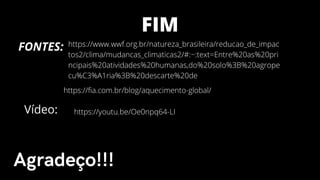 Agradeço!!!
FIM
FONTES: https://www.wwf.org.br/natureza_brasileira/reducao_de_impac
tos2/clima/mudancas_climaticas2/#:~:text=Entre%20as%20pri
ncipais%20atividades%20humanas,do%20solo%3B%20agrope
cu%C3%A1ria%3B%20descarte%20de
https://fia.com.br/blog/aquecimento-global/
Vídeo: https://youtu.be/Oe0npq64-LI
 