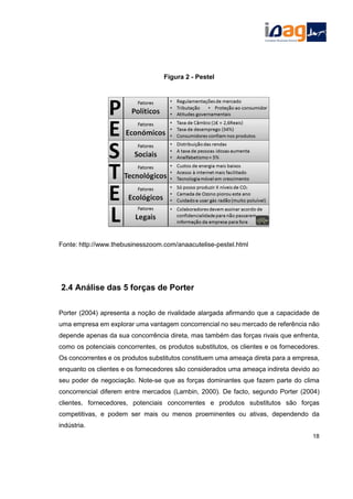 Figura 2 - Pestel
Fonte: http://www.thebusinesszoom.com/anaacutelise-pestel.html
2.4 Análise das 5 forças de Porter
Porter (2004) apresenta a noção de rivalidade alargada afirmando que a capacidade de
uma empresa em explorar uma vantagem concorrencial no seu mercado de referência não
depende apenas da sua concorrência direta, mas também das forças rivais que enfrenta,
como os potenciais concorrentes, os produtos substitutos, os clientes e os fornecedores.
Os concorrentes e os produtos substitutos constituem uma ameaça direta para a empresa,
enquanto os clientes e os fornecedores são considerados uma ameaça indireta devido ao
seu poder de negociação. Note-se que as forças dominantes que fazem parte do clima
concorrencial diferem entre mercados (Lambin, 2000). De facto, segundo Porter (2004)
clientes, fornecedores, potenciais concorrentes e produtos substitutos são forças
competitivas, e podem ser mais ou menos proeminentes ou ativas, dependendo da
indústria.
18
 
