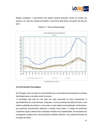 Nestas condições, o crescimento dos salários deverá abrandar, pondo um travão nos
preços e no custo da unidade de trabalho. A economia está ainda a recuperar da crise de
2011.
Gráfico 3 – Taxa de Desemprego
4.2.5 Envolvente Tecnológica
Em Portugal, como no resto do mundo assiste-se a uma tendência de evolução do contexto
tecnológico para a condição social e humana.
A tecnologia está hoje em dia cada vez mais associada ao ramo empresarial. O
aproveitamento de novas técnicas, máquinas, e novos processos de fabrico levará a uma
melhor qualidade do produto e a uma maior e mais rápida comercialização, melhorando o
seu potencial, precisamente adotando e criando novas ideias. A criação de ambientes
inovadores ajuda a desenvolver condições e fatores de competitividade. As empresas que
conseguirem explorar bem esta envolvente poderão melhorar o seu potencial através da
inovação de ideias.
51
 