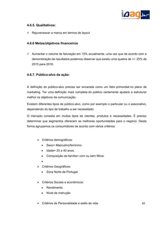 4.6.5. Qualitativos:
 Rejuvenescer a marca em termos de layout
4.6.6 Metas/objetivos financeiros
 Aumentar o volume de faturação em 15% anualmente, uma vez que de acordo com a
demonstração de resultados podemos observar que existiu uma quebra de +/- 25% de
2015 para 2016.
4.6.7. Público-alvo da ação:
A definição do público-alvo precisa ser encarada como um fator primordial no plano de
marketing. Ter uma definição mais completa do público certamente ajudará a estruturar
melhor os objetivos da comunicação.
Existem diferentes tipos de público-alvo, como por exemplo o particular ou o associativo,
dependendo do tipo de trabalho a ser necessitado
O mercado consiste em muitos tipos de clientes, produtos e necessidades. É preciso
determinar que segmentos oferecem as melhores oportunidades para o negócio. Desta
forma agrupamos os consumidores de acordo com vários critérios:
 Critérios demográficos:
 Sexo> Masculino/feminino.
 Idade> 25 a 40 anos.
 Composição da família> com ou sem filhos.

 Critérios Geográficos:
 Zona Norte de Portugal.
 Critérios Sociais e econômicos:
 Rendimento
 Nível de instrução
 Critérios de Personalidade e estilo de vida 62
 