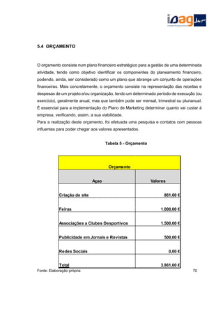 Açao Valores
Criação de site 861,00 €
Feiras 1.000,00 €
Associações a Clubes Desportivos 1.500,00 €
Publicidade em Jornais e Revistas 500,00 €
Redes Sociais 0,00 €
Total 3.861,00 €
Orçamento
5.4 ORÇAMENTO
O orçamento consiste num plano financeiro estratégico para a gestão de uma determinada
atividade, tendo como objetivo identificar os componentes do planeamento financeiro,
podendo, ainda, ser considerado como um plano que abrange um conjunto de operações
financeiras. Mais concretamente, o orçamento consiste na representação das receitas e
despesas de um projeto e/ou organização, tendo um determinado período de execução (ou
exercício), geralmente anual, mas que também pode ser mensal, trimestral ou plurianual.
É essencial para a implementação do Plano de Marketing determinar quanto vai custar à
empresa, verificando, assim, a sua viabilidade.
Para a realização deste orçamento, foi efetuada uma pesquisa e contatos com pessoas
influentes para poder chegar aos valores apresentados.
Tabela 5 - Orçamento
Fonte: Elaboração própria 70
 