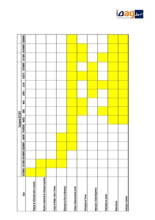 SETEMBRO
OUTUBRO
NOVEMBRO
DEZEMBRO
JANEIRO
FEVEREIRO
MARÇO
ABRIL
MAIO
JUNHO
JULHO
AGOSTO
SETEMBRO
OUTUBRO
NOVEMBRO
DEZEMBRO
Pesquisa
de
informação
sobre
a
empresa
Recolha
e
tratamento
de
infomação
importante
Criação
de
Missão,
Visão
e
Valores
Elaboração
do
Plano
de
Marketing
Criação
e
Desenvolvimento
de
site
Participação
em
Feiras
Associação
a
Clubes
Desportivos
Publicidade
em
Jornais
Redes
Sociais
Avaliação
e
Controle
Cronograma
2017/2018
Ação:
 