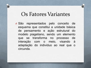 Os Fatores Variantes
O São representados pelo conceito de
esquema que constitui a unidade básica
de pensamento e ação estrutural do
modelo piagetiano, sendo um elemento
que se transforma no processo de
interação com o meio, visando á
adaptação do individuo ao real que o
circunda.
 