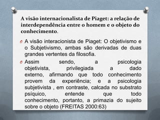 A visão internacionalista de Piaget: a relação de
interdependência entre o homem e o objeto do
conhecimento.
O A visão interacionista de Piaget: O objetivismo e
o Subjetivismo, ambas são derivadas de duas
grandes vertentes da filosofia.
O Assim sendo, a psicologia
objetivista, privilegiada a dado
externo, afirmando que todo conhecimento
provem da experiência; e a psicologia
subjetivista , em contraste, calcada no substrato
psíquico, entende que todo
conhecimento, portanto, a primazia do sujeito
sobre o objeto (FREITAS 2000:63)
 