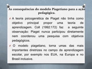As consequências do modelo Piagetiano para a ação
pedagógica.
O A teoria psicogenética de Piaget não tinha como
objetivo principal propor uma teoria de
aprendizagem. Coll (1992:172) faz a seguinte
observação: Piaget nunca participou diretamente
nem coordenou uma pesquisa com objetivos
pedagógicos.
O O modelo piagetiano, torna umas das mais
importantes diretrizes no campo da aprendizagem
escolar, por exemplo nos EUA, na Europa e no
Brasil inclusive.
 
