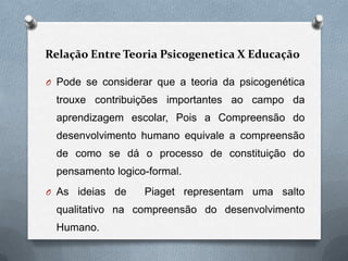 Relação Entre Teoria Psicogenetica X Educação
O Pode se considerar que a teoria da psicogenética
trouxe contribuições importantes ao campo da
aprendizagem escolar, Pois a Compreensão do
desenvolvimento humano equivale a compreensão
de como se dá o processo de constituição do
pensamento logico-formal.
O As ideias de Piaget representam uma salto
qualitativo na compreensão do desenvolvimento
Humano.
 