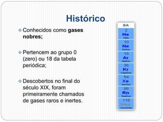 Histórico
 Conhecidos como gases
nobres;
 Pertencem ao grupo 0
(zero) ou 18 da tabela
periódica;
 Descobertos no final do
século XIX, foram
primeiramente chamados
de gases raros e inertes.
 
