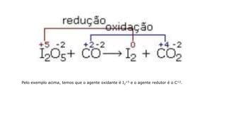 Pelo exemplo acima, temos que o agente oxidante é I2
+5 e o agente redutor é o C+2.
 