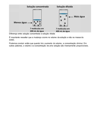 Diferença entre solução concentrada e solução diluída
É importante ressaltar que a mudança ocorre no volume da solução e não na massa do
soluto.
Podemos concluir então que quando há o aumento do volume, a concentração diminui. Em
outras palavras, o volume e a concentração de uma solução são inversamente proporcionais.
 