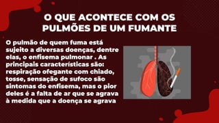 O QUE ACONTECE COM OS
PULMÕES DE UM FUMANTE
O pulmão de quem fuma está
sujeito a diversas doenças, dentre
elas, o enfisema pulmonar . As
principais características são:
respiração ofegante com chiado,
tosse, sensação de sufoco são
sintomas do enfisema, mas o pior
deles é a falta de ar que se agrava
à medida que a doença se agrava
 