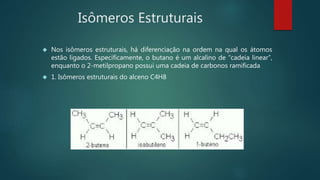 Isômeros Estruturais
 Nos isômeros estruturais, há diferenciação na ordem na qual os átomos
estão ligados. Especificamente, o butano é um alcalino de “cadeia linear”,
enquanto o 2-metilpropano possui uma cadeia de carbonos ramificada
 1. Isômeros estruturais do alceno C4H8
 