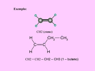 Exemplo:




              CH2 (eteno)




       CH2 = CH2 – CH2 – CH3 (1 – buteno)
 
