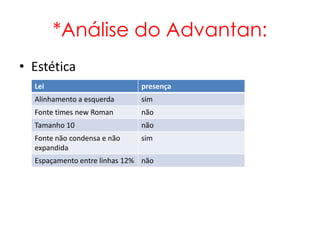*Análise do Advantan:
• Estética
  Lei                         presença
  Alinhamento a esquerda      sim
  Fonte times new Roman       não
  Tamanho 10                  não
  Fonte não condensa e não    sim
  expandida
  Espaçamento entre linhas 12% não
 