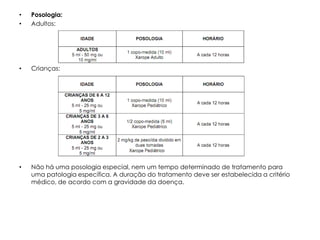 •   Posologia:
•   Adultos:




•   Crianças:




•   Não há uma posologia especial, nem um tempo determinado de tratamento para
    uma patologia específica. A duração do tratamento deve ser estabelecida a critério
    médico, de acordo com a gravidade da doença.
 