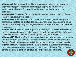 Vitamina C: Ácido ascórbico - Ajuda a atenuar os efeitos da gripe e de
algumas infecções. Acelera a cicatrização depois de cirurgias e é
antioxidante - Fontes: Frutas cítricas, brócolis, espinafre, acerola e
pimentão.
Vitamina B1: Tiamina - Oferece proteção aos nervos e músculos - Fontes:
Pães, feijão, soja, ovos, fígado.
Vitamina B2: Riboflavina - É importante para a produção de energia no
organismo. Protege os atletas das lesões e melhora o desempenho físico -
Fontes: Leite, queijo, iogurte, vegetais verdes folhosos, frutas, pão, cereais
e vísceras.
Vitamina B6: Piridoxina - Participa da multiplicação de todas as células e
da produção de hemácias e das células do sistema imunológico. Influencia
o sistema nervoso - Fontes: Carnes, grãos integrais e levedo.
Vitamina B3: Niacina - Em doses normais evita a pelagra, doença causada
por desnutrição, que provoca fraqueza e dificuldade de engolir alimentos -
Fontes: Fígado, carne magra, pão integral, peixe, feijão, couve e cereais.
Vitamina B12: Cianocobalamina - Evita a anemia e auxilia na formação e
na coagulação do sangue. Acelera o crescimento - Fontes: Fígado, carne
bovina e suína. é também sintetizada por bactérias no intestino.
 