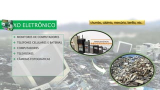 LIXO ELETRÔNICO
 MONITORES DE COMPUTADORES
 TELEFONES CELULARES E BATERIAS
 COMPUTADORES
 TELEVISORES
 CÂMERAS FOTOGRÁFICAS
chumbo, cádmio, mercúrio, berílio, etc.
 