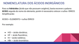 NOMENCLATURA DOS ÁCIDOS INORGÂNICOS
Para os hidrácidos (ácido que não possuem oxigênio), basta escrever a palavra
ÁCIDO seguida do nome do elemento, porém é necessário colocar o suﬁxo -ÍDRICO.
Simpliﬁcando:
ÁCIDO + ELEMENTO + suﬁxo ÍDRICO
Por exemplo:
● HCl — ácido clorídrico;
● HF — ácido ﬂuorídrico;
● HI — ácido iodídrico;
● HBr — ácido bromídrico
 