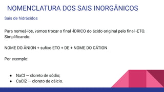 NOMENCLATURA DOS SAIS INORGÂNICOS
Sais de hidrácidos
Para nomeá-los, vamos trocar o ﬁnal -ÍDRICO do ácido original pelo ﬁnal -ETO.
Simpliﬁcando:
NOME DO ÂNION + suﬁxo ETO + DE + NOME DO CÁTION
Por exemplo:
● NaCl — cloreto de sódio;
● CaCl2 — cloreto de cálcio.
 