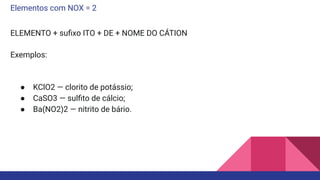 Elementos com NOX = 2
ELEMENTO + suﬁxo ITO + DE + NOME DO CÁTION
Exemplos:
● KClO2 — clorito de potássio;
● CaSO3 — sulﬁto de cálcio;
● Ba(NO2)2 — nitrito de bário.
 