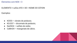 Elementos com NOX = 3
ELEMENTO + suﬁxo ATO + DE + NOME DO CÁTION
Exemplos:
● KClO3 — clorato de potássio;
● KCr2O7 — dicromato de potássio;
● Na2SO4 — sulfato de sódio;
● CaMnO4 — manganato de cálcio.
 