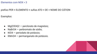 Elementos com NOX > 3
preﬁxo PER + ELEMENTO + suﬁxo ATO + DE + NOME DO CÁTION
Exemplos:
● Mg(ClO4)2 — perclorato de magnésio;
● NaBrO4 — perbromato de sódio;
● KIO4 — periodato de potássio;
● KMnO4 — permanganato de potássio.
 