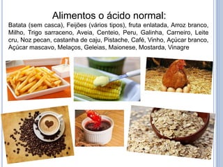 Alimentos o ácido normal:
Batata (sem casca), Feijões (vários tipos), fruta enlatada, Arroz branco,
Milho, Trigo sarraceno, Aveia, Centeio, Peru, Galinha, Carneiro, Leite
cru, Noz pecan, castanha de caju, Pistache, Café, Vinho, Açúcar branco,
Açúcar mascavo, Melaços, Geleias, Maionese, Mostarda, Vinagre
 
