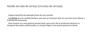 Gestão da roda de serviço (circuitos de serviço);
Espaços específicos de operação (zonas de uma cozinha):
A COZINHA de uma unidade hoteleira, para esta ser funcional, deve ter uma área nunca inferior a
¾ da área do restaurante.
Deve localizar-se o mais próximo possível deste, para assim não se verificarem demoras no
transporte dos pratos confecionados, e o serviço chegar o mais quente possível ao cliente.
 