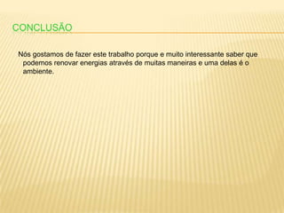 Conclusão   Nós gostamos de fazer este trabalho porque e muito interessante saber que podemos renovar energias através de muitas maneiras e uma delas é o ambiente.