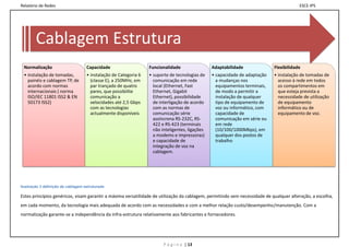 Relatório de Redes                                                                                                                       ESCE-IPS




        Cablagem Estrutura
 Normalização                       Capacidade                    Funcionalidade                 Adaptabilidade              Flexibilidade
 • instalação de tomadas,           • instalação de Categoria 6   • suporte de tecnologias de    • capacidade de adaptação   • instalação de tomadas de
   painéis e cablagem TP, de          (classe E), a 250MHz, em      comunicação em rede            a mudanças nos              acesso à rede em todos
   acordo com normas                  par trançado de quatro        local (Ethernet, Fast          equipamentos terminais,     os compartimentos em
   internacionais ( norma             pares, que possibilite        Ethernet, Gigabit              de modo a permitir a        que esteja prevista a
   ISO/IEC 11801 ISS2 & EN            comunicação a                 Ethernet), possibilidade       instalação de qualquer      necessidade de utilização
   50173 ISS2)                        velocidades até 2,5 Gbps      de interligação de acordo      tipo de equipamento de      de equipamento
                                      com as tecnologias            com as normas de               voz ou informático, com     informático ou de
                                      actualmente disponíveis       comunicação série              capacidade de               equipamento de voz.
                                                                    assíncrona RS-232C, RS-        comunicação em série ou
                                                                    422 e RS-423 (terminais        em rede
                                                                    não inteligentes, ligações     (10/100/1000Mbps), em
                                                                    a modems e impressoras)        qualquer dos postos de
                                                                    e capacidade de                trabalho
                                                                    integração de voz na
                                                                    cablagem.




Ilustração 3 definição de cablagem estruturada

Estes princípios genéricos, visam garantir a máxima versatilidade de utilização da cablagem, permitindo sem necessidade de qualquer alteração, a escolha,
em cada momento, da tecnologia mais adequada de acordo com as necessidades e com a melhor relação custo/desempenho/manutenção. Com a
normalização garante-se a independência da infra-estrutura relativamente aos fabricantes e fornecedores.




                                                                         P á g i n a | 13
 