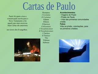 Paulo foi quem criou a comunicação escrita para o Novo Testamento e foi aquele que mais escreveu. Suas Cartas são anteriores aos textos dos Evangelhos.   Romanos  I Coríntios   II Coríntios   Gálatas  Efésios  Filipenses   Colossenses   I Tessalonicenses   II Tessalonicenses   I Timóteo   II Timóteo   Tito Filémon Hebreus  Acontecimentos: Viagens de Paulo Prisão de Paulo Vida das primeiras comunidades cristãs Fatos: Vida na prisão, orientações, para os primeiros cristãos. Cartas de Paulo 