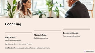 Coaching
Diagnóstico
Identificação de potenciais
Plano de Ação
Definição de objetivos
Desenvolvimento
Acompanhamento contínuo
Subsistema: Desenvolvimento de Pessoas
Justificativa: Promove crescimento profissional e autodesenvolvimento.
 