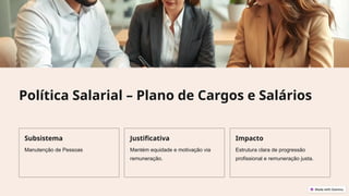 Política Salarial – Plano de Cargos e Salários
Subsistema
Manutenção de Pessoas
Justificativa
Mantém equidade e motivação via
remuneração.
Impacto
Estrutura clara de progressão
profissional e remuneração justa.
 