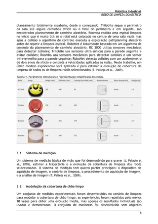 Robótica Industrial
ROBO DE LIMPEZA DOMESTICO

planeamento totalmente aleatório, desde o começando. Trilobite segue o perímetro
da sala até alguns caminhos difícil ou o final do perímetro e em seguida, são
encontrados planeamento de caminho aleatório. Roomba realiza uma espiral limpeza
no início que é muito útil se o robô está colocado no centro de uma sala vazia mas
após a colisão o algoritmo de controlo executa a exploração pathplanning aleatório
antes de repetir a limpeza espiral. RoboNet é totalmente baseado em um algoritmo de
controlo do planeamento de caminho aleatório. RC 3000 utiliza sensores mecânicos
para detectar colisões; Trilobite usa sensores ultra-sônicos para a parede seguinte e
evitar colisões; Roomba usa sensores mecânicos para detectar colisões e um sensor
infravermelho para a parede seguinte; RoboNet detecta colisões com um acelerómetro
de dois eixos de silício e controla a velocidades aplicadas às rodas. Neste trabalho, um
único modelo exponencial será aplicado é para estimar a evolução de cobertura de
limpeza de todos os de limpeza robôs seleccionados (T. Palleja et al., 2009).
Tabela 1. Parâmetros estruturais e representação simplificada dos robôs.

3.1

Sistema de medição

Um sistema de medição básica de visão que foi desenvolvido para gravar (J. Palacín et
al., 2005), estimar a trajectória e a evolução da cobertura de limpeza dos robôs
seleccionados. O sistema de medição tem quatro partes principais: o dispositivo de
aquisição de imagem, o cenário de limpeza, o procedimento de aquisição de imagem,
e a análise de imagem (T. Palleja et al., 2009).
3.2

Modelação da cobertura de chão limpo

Um conjunto de medidas experimentais foram desenvolvidas no cenário de limpeza
para modelar a cobertura de chão limpo, as experiencias foram repetidos pelo menos
10 vezes para obter uma evolução média, mas apenas os resultados individuais são
usados e demostrados. O conjunto de manobras foi desenvolvido sem objectos
6

 