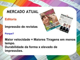 MERCADO ATUAL Editoria Impressão de revistas Porque? Maior velocidade = Maiores Tiragens em menos tempo. Durabilidade da forma x elevado de impressões. 