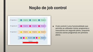 Noção de job control
■ O job control é uma funcionalidade que
permite ao utilizador iniciar programas e
executá-los em segundo plano, enquanto
executa outros programas em primeiro
plano.
 