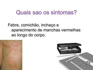 Quais sao os sintomas?

Febre, comichão, inchaço e
 aparecimento de manchas vermelhas
 ao longo do corpo.
 