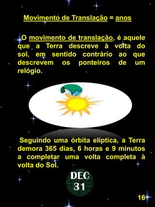 Movimento de Translação = anos

 O movimento de translação, é aquele
que a Terra descreve à volta do
sol, em sentido contrário ao que
descrevem os ponteiros de um
relógio.




 Seguindo uma órbita elíptica, a Terra
demora 365 dias, 6 horas e 9 minutos
a completar uma volta completa à
volta do Sol.



                                   16
 