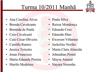 Turma 10/2011 Manhã
• Ana Carolina Alves
• Brenda Cavalcante
• Brennda de Paula
• Caio Cavalcanti
• Caio César Oliveira
• Camilla Ramos
• Jessica Teixeira
• Jonas Francisco
• Maria Eduarda Pereira
• Murilo Medeiros
• Paula Silva
• Raissa Mendonça
• Eduardo Cruz
• Eduardo Dias
• Ewerson Villarino
• Jackeline Noriko
• Maria Clara Almeida
• Johnathan Portal
• Mayra Amaral
• Nayara Noronha
 