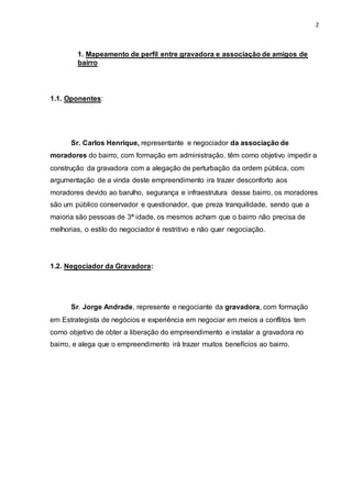 2
1. Mapeamento de perfil entre gravadora e associação de amigos de
bairro
1.1. Oponentes:
Sr. Carlos Henrique, representante e negociador da associação de
moradores do bairro, com formação em administração, têm como objetivo impedir a
construção da gravadora com a alegação de perturbação da ordem pública, com
argumentação de a vinda deste empreendimento ira trazer desconforto aos
moradores devido ao barulho, segurança e infraestrutura desse bairro, os moradores
são um público conservador e questionador, que preza tranquilidade, sendo que a
maioria são pessoas de 3ª idade, os mesmos acham que o bairro não precisa de
melhorias, o estilo do negociador é restritivo e não quer negociação.
1.2. Negociador da Gravadora:
Sr. Jorge Andrade, represente e negociante da gravadora, com formação
em Estrategista de negócios e experiência em negociar em meios a conflitos tem
como objetivo de obter a liberação do empreendimento e instalar a gravadora no
bairro, e alega que o empreendimento irá trazer muitos benefícios ao bairro.
 