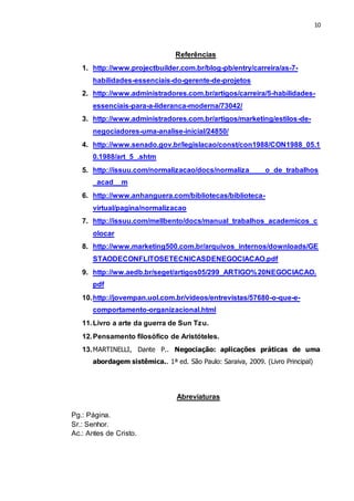 10
Referências
1. http://www.projectbuilder.com.br/blog-pb/entry/carreira/as-7-
habilidades-essenciais-do-gerente-de-projetos
2. http://www.administradores.com.br/artigos/carreira/5-habilidades-
essenciais-para-a-lideranca-moderna/73042/
3. http://www.administradores.com.br/artigos/marketing/estilos-de-
negociadores-uma-analise-inicial/24850/
4. http://www.senado.gov.br/legislacao/const/con1988/CON1988_05.1
0.1988/art_5_.shtm
5. http://issuu.com/normalizacao/docs/normaliza____o_de_trabalhos
_acad__m
6. http://www.anhanguera.com/bibliotecas/biblioteca-
virtual/pagina/normalizacao
7. http://issuu.com/mellbento/docs/manual_trabalhos_academicos_c
olocar
8. http://www.marketing500.com.br/arquivos_internos/downloads/GE
STAODECONFLITOSETECNICASDENEGOCIACAO.pdf
9. http://ww.aedb.br/seget/artigos05/299_ARTIGO%20NEGOCIACAO.
pdf
10.http://jovempan.uol.com.br/videos/entrevistas/57680-o-que-e-
comportamento-organizacional.html
11.Livro a arte da guerra de Sun Tzu.
12.Pensamento filosófico de Aristóteles.
13.MARTINELLI, Dante P.. Negociação: aplicações práticas de uma
abordagem sistêmica.. 1ª ed. São Paulo: Saraiva, 2009. (Livro Principal)
Abreviaturas
Pg.: Página.
Sr.: Senhor.
Ac.: Antes de Cristo.
 