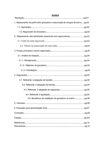 Sumário
Introdução...........................................................................................................pg.01
1. Mapeamento de perfil entre gravadora e associação de amigos de bairro.....pg.02
1.1. Oponentes................................................................................................pg.02
1.2. Negociador da Gravadora......................................................................pg.02
2. Mapeamento das habilidades essenciais dos negociadores...........................pg.03
2.1. Estilo de cada negociante........................................................................pg.03
2.2. Táticas de negociação de cada estilo..................................................pg.03
3. Pontos principais a serem negociados..............................................................pg.04
3.1. Analise da situação..................................................................................pg.04
3.1.1. Planejamento......................................................................................pg.04
3.1.2. Objetivos da gravadora.....................................................................pg.04
3.1.3. Estratégias.......................................................................................pg.04
4. Argumentos.......................................................................................................pg.05
4.1. Referente à alegação de barulho..........................................................pg.05
4.2. Referente à alegação de trânsito.....................................................pg.05
4.3. Referente à alegação de segurança.............................................pg.05
4.4. Referente à legislação...............................................................pg.05
4.5. Benefícios da instalação da gravadora no bairro...................pg.06
5. Variáveis............................................................................................................pg.06
6. Propostas para apresentação final....................................................................pg.07
Conclusão..............................................................................................................pg.08
Citação..................................................................................................................pg.09
Referências...........................................................................................................pg.10
Abreviaturas.............................................................................................................pg.10
 
