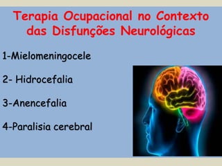 Terapia Ocupacional no Contexto 
das Disfunções Neurológicas 
1-Mielomeningocele 
2- Hidrocefalia 
3-Anencefalia 
4-Paralisia cerebral 
 