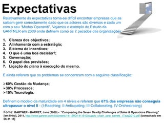 Expectativas
Relativamente ás expectativas torna-se difícil encontrar empresas que as
saibam gerir correctamente dado que os actores são diversos e cada um
com o seu “Modus Operandi”. Vejamos o exemplo do Estudo da
GARTNER em 2009 onde definem como os 7 pecados das organizações:

1.   Clareza dos objectivos;
2.   Alinhamento com a estratégia;
3.   Sistema de incentivos;
4.   O que é uma boa decisão?;
5.   Governação;
6.   O papel das previsões;
7.   Ligação do plano à execução do mesmo.

E ainda referem que os problemas se concentram com a seguinte classificação:

60% Gestão da Mudança;
30% Processos;
10% Tecnologia.

Definem o modelo da maturidade em 4 níveis e referem que 67% das empresas não conseguia
ultrapassar o nível II - (I-Reaching; II-Anticipating; III-Collaborating, IV-Orchestrating)
Fonte: GARTNER - BARRET, Jane (2009) - “Conquering the Seven Deadly Challenges of Sales & Operations Planning”
[em linha], 2011, http://www.gartner.com/it/content/1411900/1411913/supply_chain_jane_barrett_17aug2010.pdf , [consultado em
06-11-11]
 