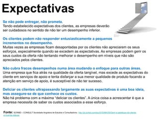 Expectativas
Se não pode entregar, não prometa.
Tendo estabelecido expectativas dos clientes, as empresas deverão
ser cuidadosos no sentido de não ter um desempenho inferior.

Os clientes podem não responder entusiasticamente a pequenos
incrementos no desempenho.
Muitas vezes as empresas ficam desapontadas por os clientes não apreciarem os seus
esforços, especialmente quando se excedem as expectativas. As empresas podem gerir os
seus custos da oferta não tentando melhorar o desempenho em níveis que não são
apreciados pelos clientes.

Não cubra fracos desempenhos numa área mudando o enfoque para outras áreas.
Uma empresa que fica atrás na qualidade da oferta tangível, mas excede as expectativas do
cliente em serviços de apoio e tenta disfarçar a sua menor qualidade de produto focando a
atenção em serviço de apoio, é susceptível de não ter sucesso.

Deliciar os clientes ultrapassando largamente as suas expectativas é uma boa ideia,
mas assegure-se de que conhece os custos.
Não há problema com a máxima “deliciar os clientes”. A única coisa a acrescentar é que a
empresa necessita de saber os custos associados a esse esforço.

Fonte: SCRIBD – CONSULT Sociedade Angolana de Estudos e Consultadoria - http://pt.scribd.com/doc/5153464/35/Gerir-a-satisfacao-do-cliente-
a-nivel-da-relacao
 
