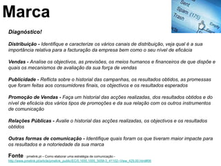 Marca
Diagnóstico!

Distribuição - Identifique e caracterize os vários canais de distribuição, veja qual é a sua
importância relativa para a facturação da empresa bem como o seu nível de eficácia

Vendas - Analise os objectivos, as previsões, os meios humanos e financeiros de que dispõe e
quais os mecanismos de avaliação da sua força de vendas

Publicidade - Reflicta sobre o historial das campanhas, os resultados obtidos, as promessas
que foram feitas aos consumidores finais, os objectivos e os resultados esperados

Promoção de Vendas - Faça um historial das acções realizadas, dos resultados obtidos e do
nível de eficácia dos vários tipos de promoções e da sua relação com os outros instrumentos
de comunicação

Relações Públicas - Avalie o historial das acções realizadas, os objectivos e os resultados
obtidos

Outras formas de comunicação - Identifique quais foram os que tiveram maior impacte para
os resultados e a notoriedade da sua marca

Fonte : pmelink.pt – Como elaborar uma estratégia de comunicação -
http://www.pmelink.pt/article/pmelink_public/EC/0,1655,1005_5058-3_41102--View_429,00.html#06
 