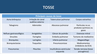 TOSSE
Principais causas da tosse
Asma brônquica Irritação do canal
auditivo externo
Tuberculose pulmonar Corpos estranhos
Tabagismo Adenoides Abscesso pulmonar Partículas no ar,
produtos químicos ou
gases
Refluxo gastroesofágico Amigdalites Câncer do pulmão Estenose mitral
Sinusites Faringites Embolia pulmonar Tumores do mediastino
Bronquites Laringites Infarto pulmonar Megaesôfago
Bronquiectasias Traqueítes Pneumoconiose Medicamentos
(inibidores da ECA)
Pneumonias Pleurites Insuficiência ventricular
esquerda
Tensão nervosa (tosse
psicogênica)
 