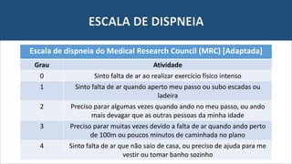 ESCALA DE DISPNEIA
Escala de dispneia do Medical Research Council (MRC) [Adaptada]
Grau Atividade
0 Sinto falta de ar ao realizar exercício físico intenso
1 Sinto falta de ar quando aperto meu passo ou subo escadas ou
ladeira
2 Preciso parar algumas vezes quando ando no meu passo, ou ando
mais devagar que as outras pessoas da minha idade
3 Preciso parar muitas vezes devido a falta de ar quando ando perto
de 100m ou poucos minutos de caminhada no plano
4 Sinto falta de ar que não saio de casa, ou preciso de ajuda para me
vestir ou tomar banho sozinho
 